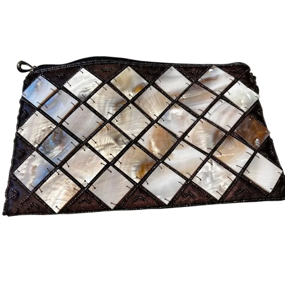 Mad Style‎ Handmade Mother Of Pearl & Natural Horn Wristlet Change Purse 9x5.5”